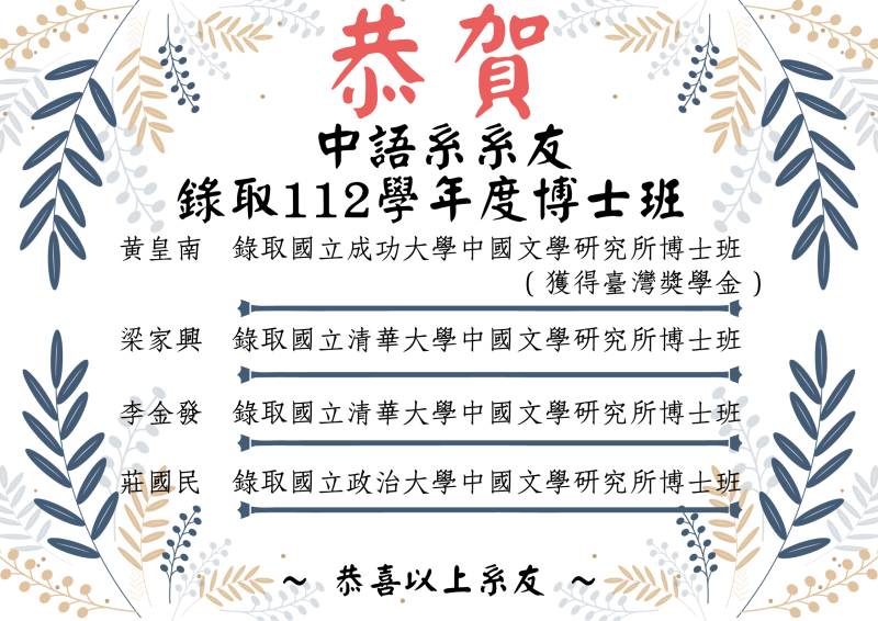 恭賀~碩士班畢業系友考取【112學年度國立大學博士班】